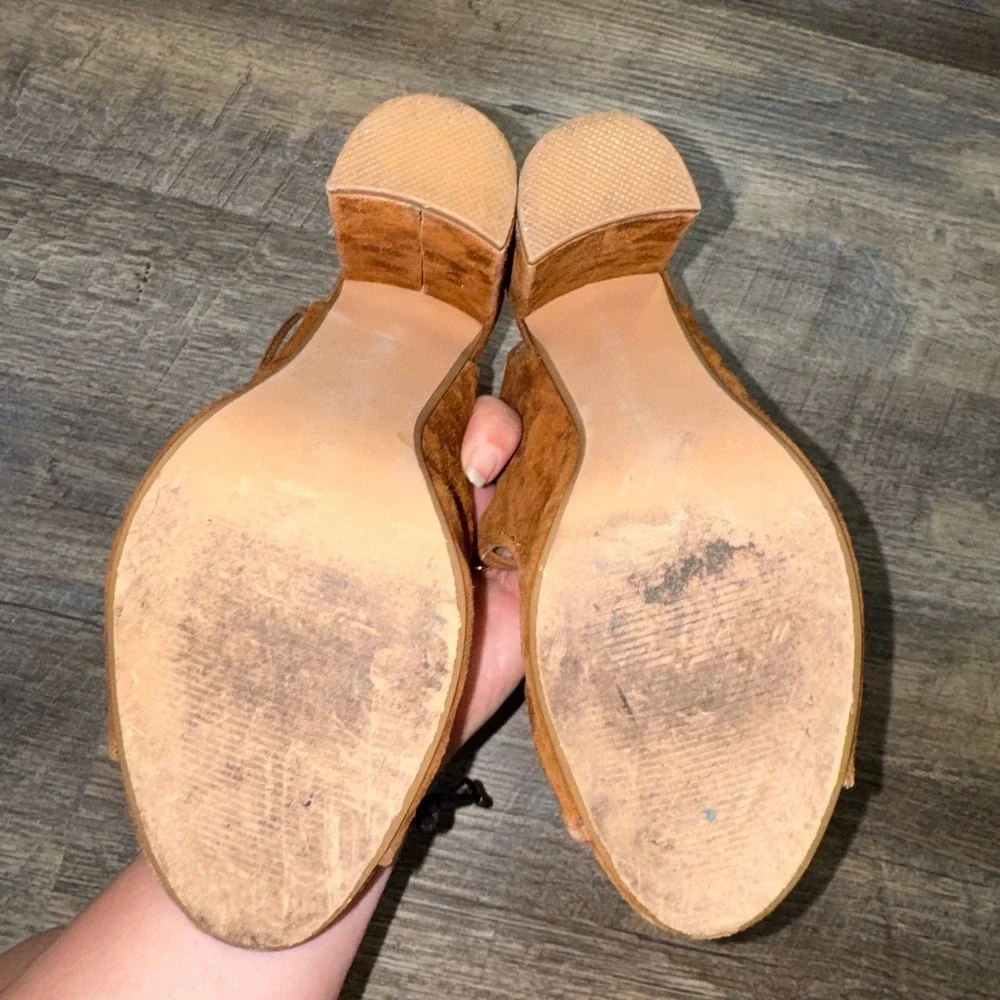 Steve Madden Aryah Cognac Brown Suede Lace Up Block Heel Sandals Womens 9M